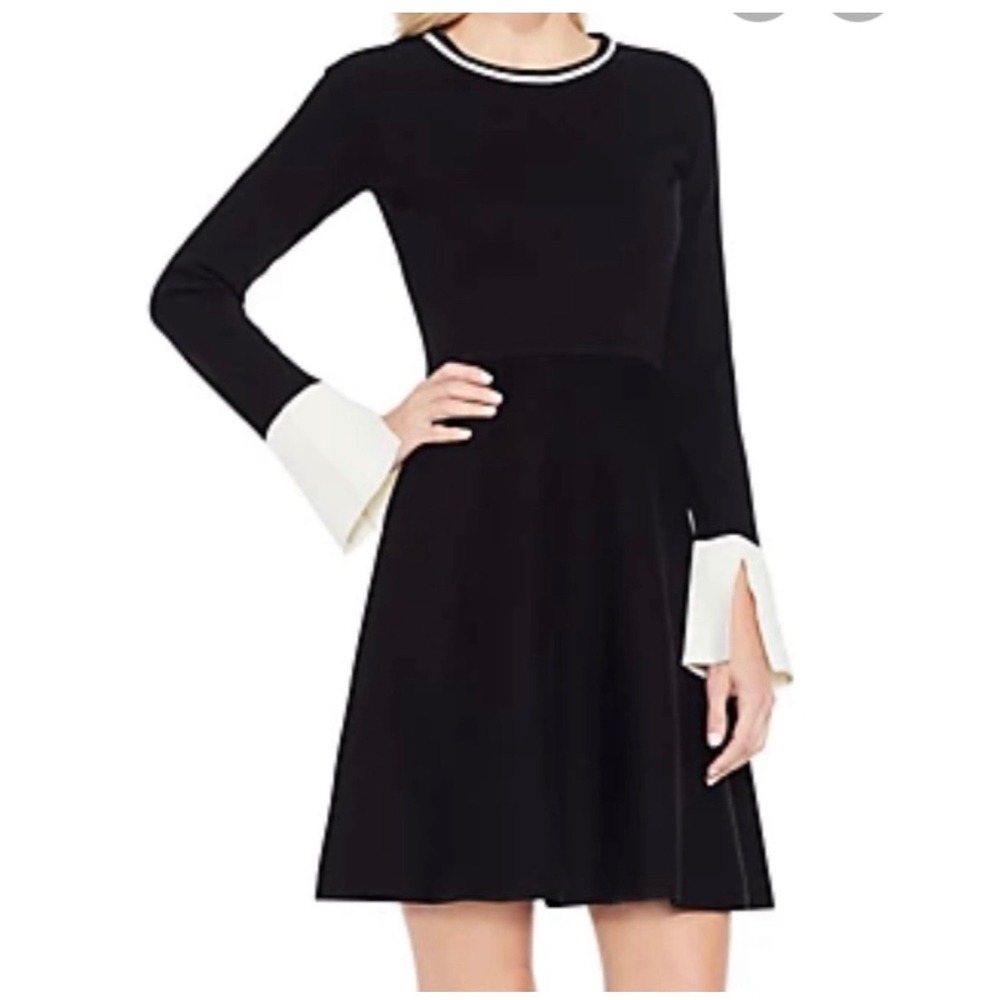 Vince‎ Camuto Black White Contrast Trim Fit Flare Sweater Dress PM Petite Medium
